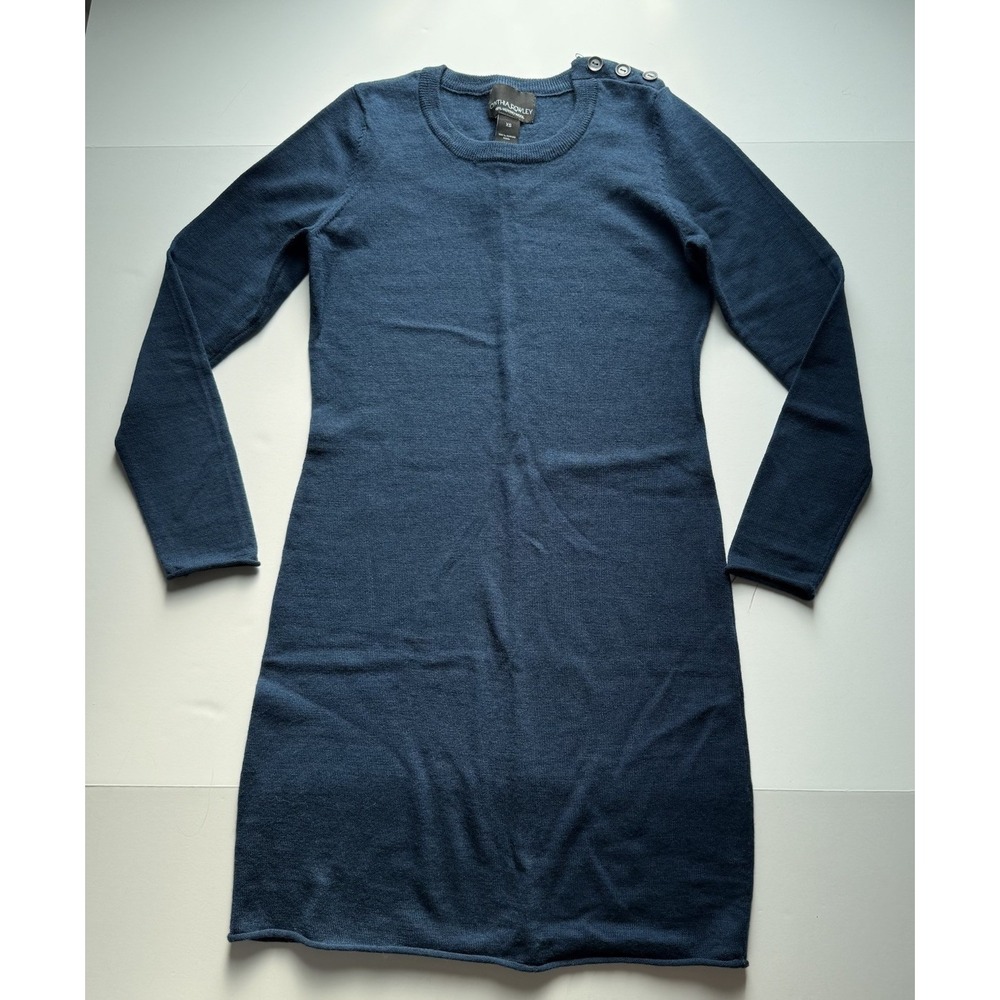 Cynthia Rowley Sweater Dress Blue 100% Merino Wool Women's Size XS Ribbed Midi